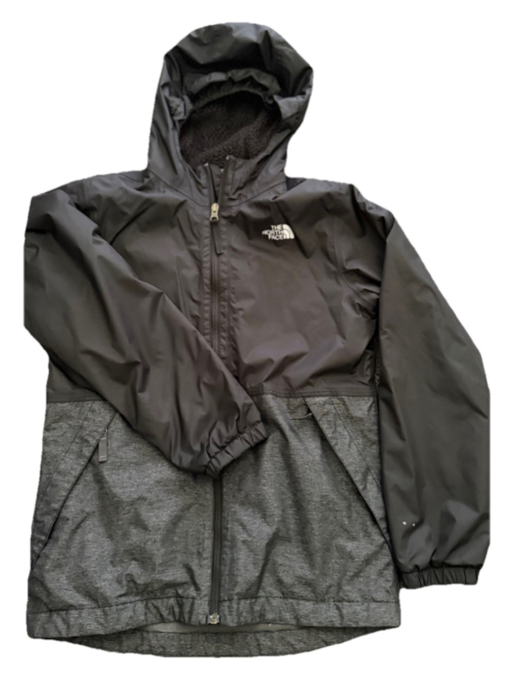 The North Face Jacket Boys Large14-16 Black Gray Fleece Lined Hooded Windbreaker